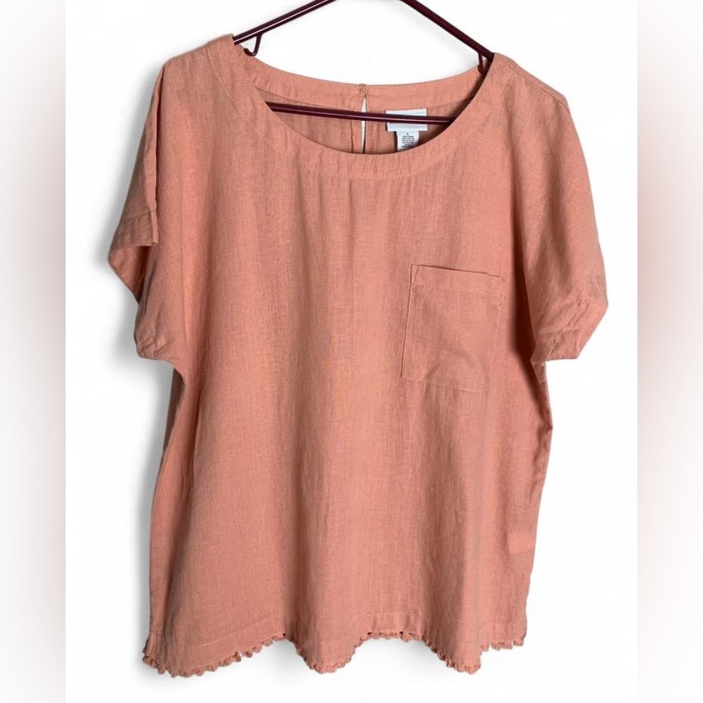 Liz Claiborne Peach Linen Cotton Blend Top Fringe Hem EUC Large